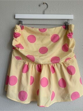 Strapless Polka Dot Tube with a Ruffle Hem | Yellow Top with Pink Polka Dots